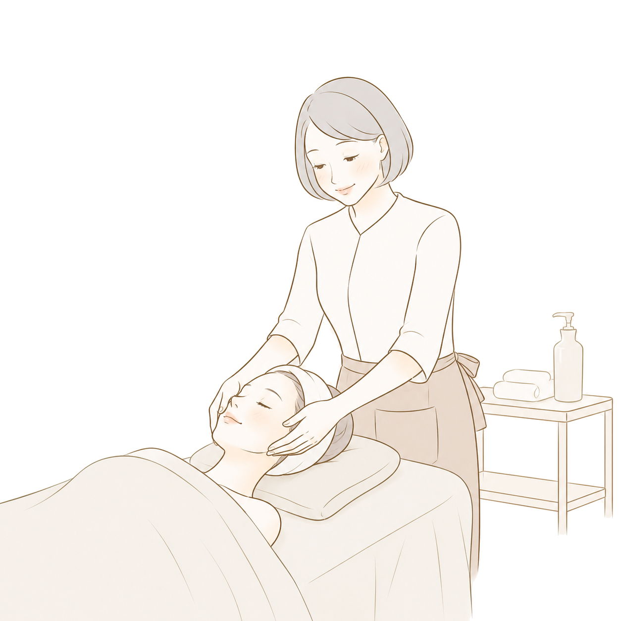 施術で肩や腰に手を当てるサロンオーナーのイラスト