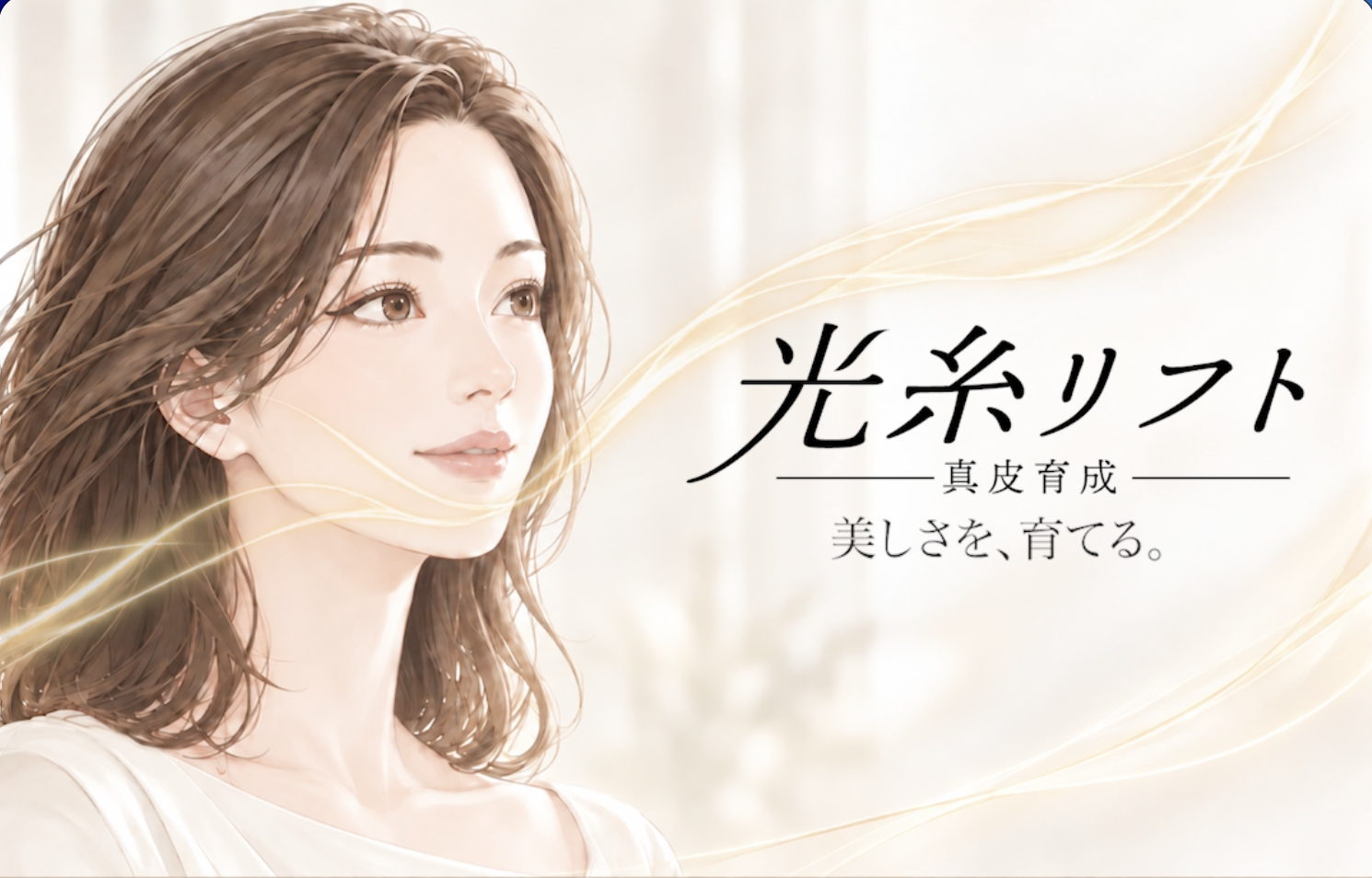 女性イラストと光糸リフトの正式ロゴ。美しさを、育てる。
